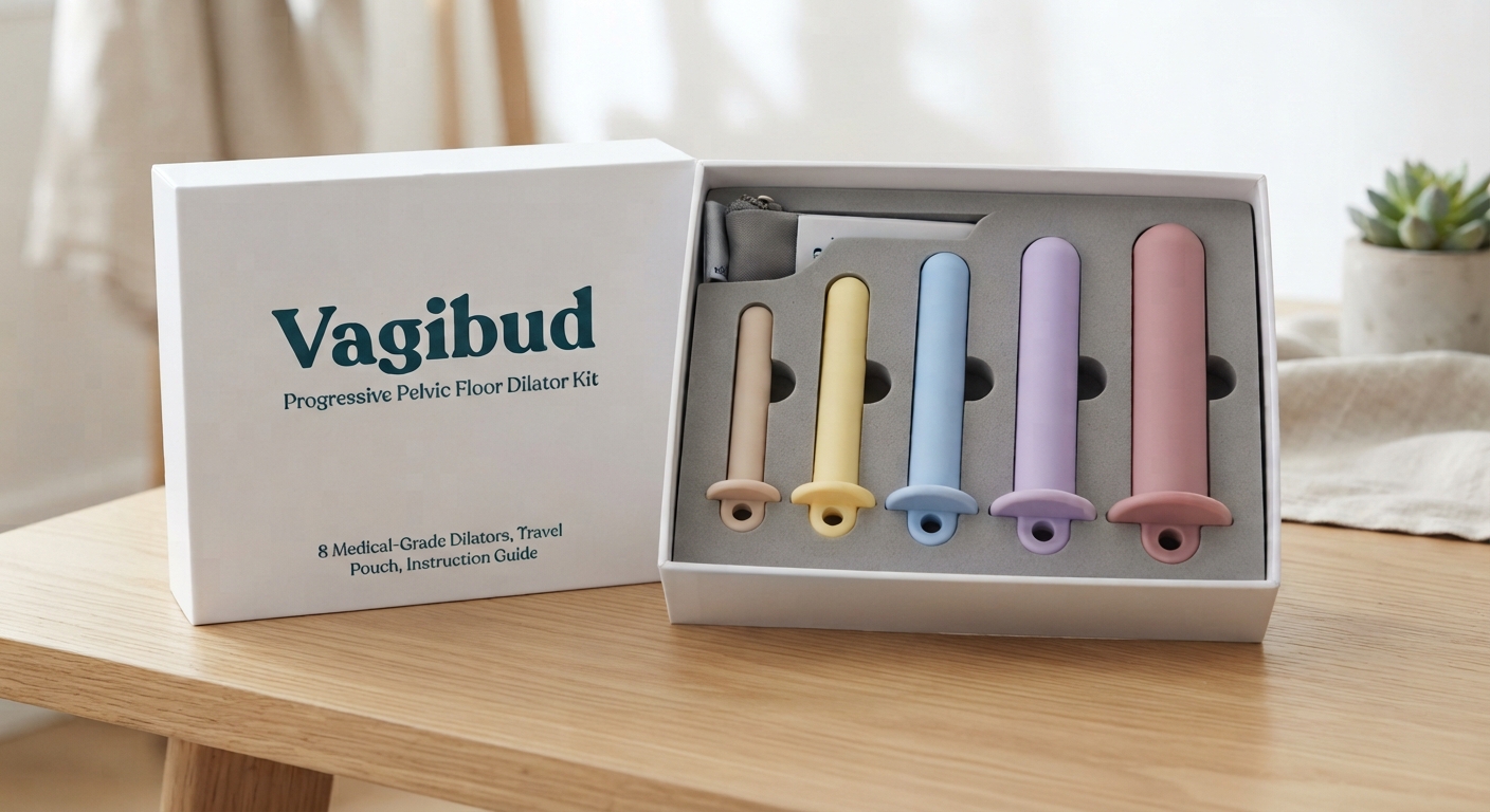 The VagiBud progressive pelvic floor dilator kit — five medical-grade silicone dilators, travel pouch, and instruction guide