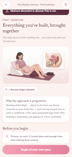 A warmly written, illustrated first-insertion practice screen