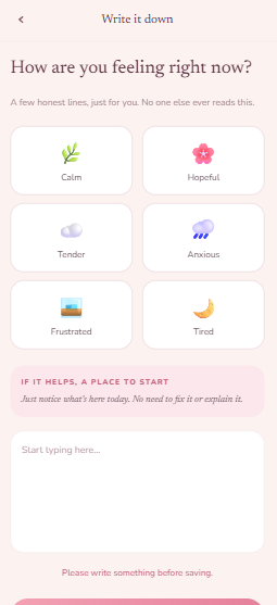 Private journal screen asking how you feel with a place to write
