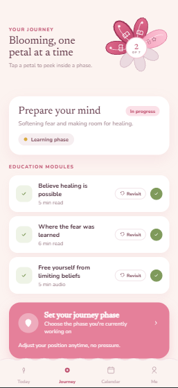 VagiBud journey screen — a blooming flower tracks your phases