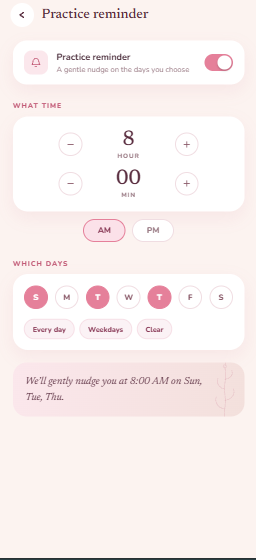 Practice reminder screen with a time and day-of-week picker