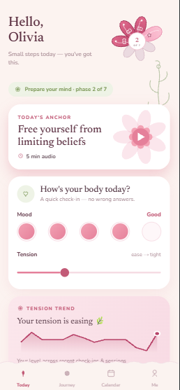 VagiBud today screen — greeting, suggested practice and a body check-in